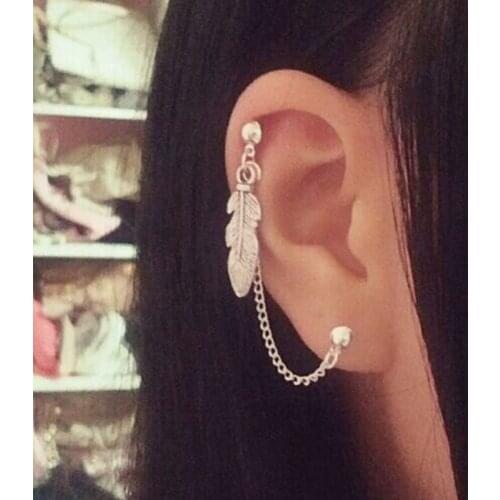 Feather Cartilage Chain Earring Helix Ear Cuff Jewelry Simple Leaf