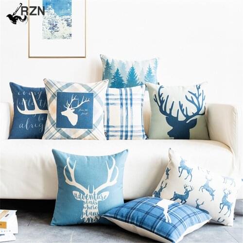 Blue Cotton Linen Throw Pillow Cushion Cover Case Merrry Christmas Holidays Deer Geometric Geometry Lumbar Pillow for Sofa home