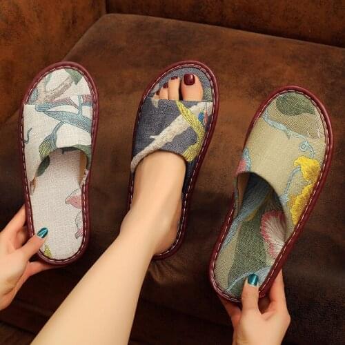 Womens Summer Cotton Linen Indoor Slippers Couples Anti-Slip Flower Prints Casual Home Shoes Mens Household Slippers