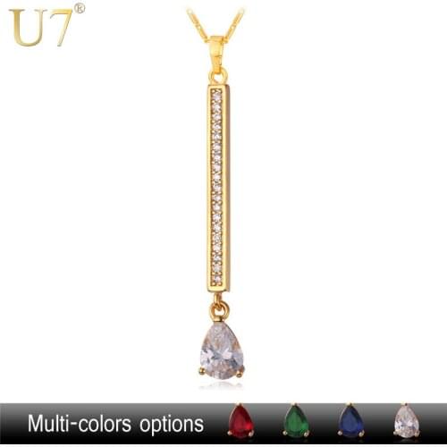 U7 Y-Shaped Fashion Necklace For Women Jewelry Gift Gold Color Trendy 4 color AAA Cubic Zirconia Pendant Wholesale P584