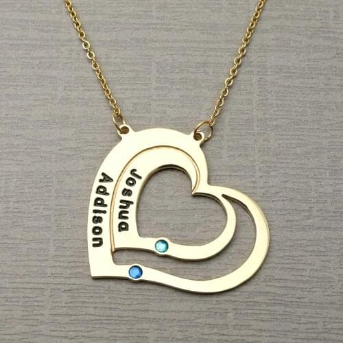 Custom Engraved Two Heart Necklace with Birthstones,Personalized 2 Names Necklace for Couple,Gfit for Her,Valentines Day Gift