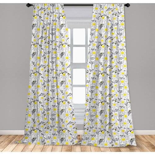 Yellow White Grey Curtains Daisy Flowers Bees in Spring Time Honey Petals Floret Window Treatments for Living Room Bedroom Decor