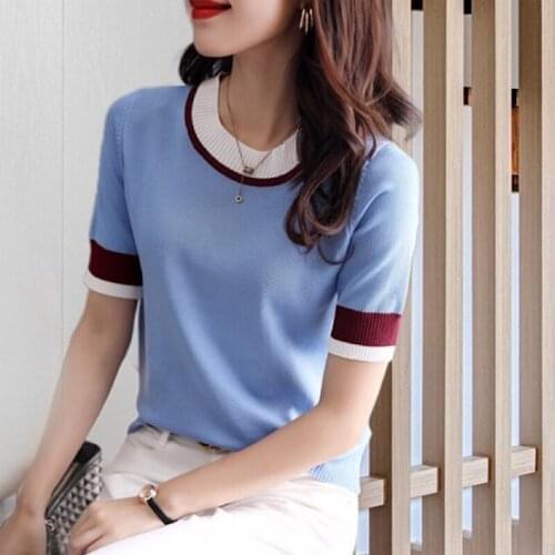 Womens T-shirt Short Sleeve Knit Top 2021 Summer Korean Slim T Shirt Tops
