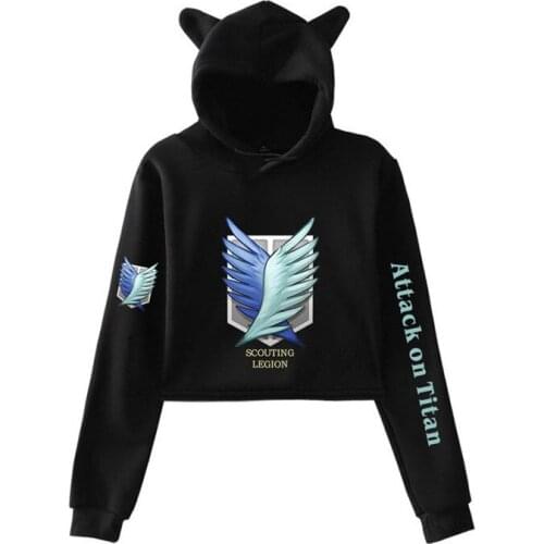 Attack on Titan Hoodies Dew navel Short Hoodie Women Shingeki No Kyojin Harajuku cat ear Cropped Sweatshirt Cosplay Clothing
