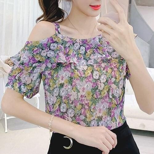 Korean fashion women clothing 2020 Chiffon Short Ruffles Print Slash neck blusas mujer de moda femininas shirts for women 0604