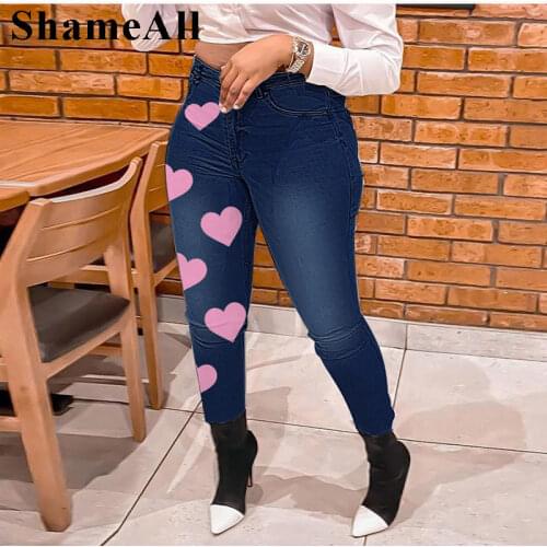 Plus Size Asymmetric Pink Heart Print Skinny Jeans 3XL Street Distressed Stretchy Skinny Jean Sexy Melody Pencil Denim Pants Y2K