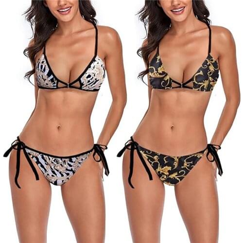 2021 Meihuida Bikinis Women Split Swimsuit Set Floral Print Backless Deep V-neck Bikini + Lace-up Panties for Summer