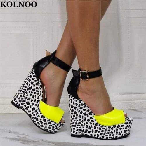 KOLNOO New Real Pictures Handmade Ladies Wedges Heel Sandals Peep-Toe Patchwork Leather Sexy Summer Evening Party Fashion Shoes