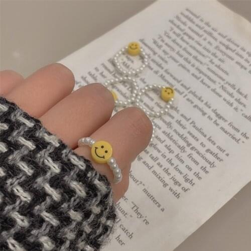 2021 INS New Minimalist Multi Bead Simulated Pearl Smiley Face Geometric Rings for Women Finger Jewelry Adjustable Elastic Ring