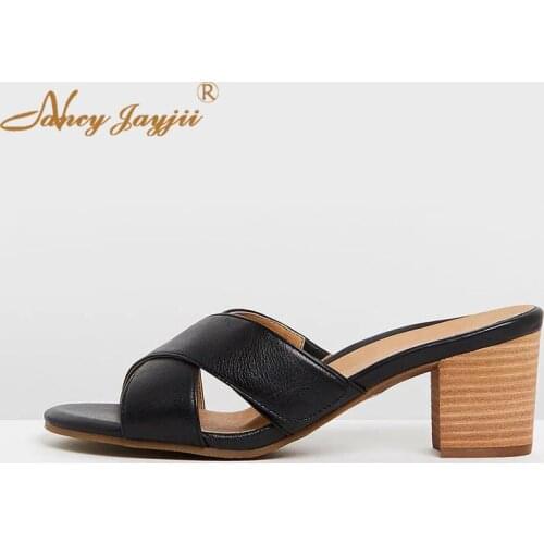 Woman Slippers Female Shoes Black Solid Peep Toe Super high Square heels Outside&Indoor Basic Fashion Casual Leisure Mature 2019