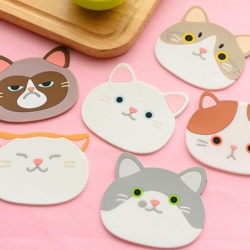 1 Piece Lytwtw Silicone Table Placemat Coaster Kitchen Accessories Mat Cup Bar Mug Cartoon Drink Pads doilies Cat Animal coffee