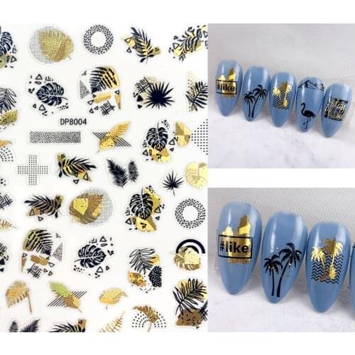 1pc Tropical Beach Leaves Series 3D Nail Sticker Holographics Laser Gold Beautiful Adhesive Decals Decoration Nail Art Manicure