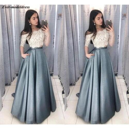 Two Pieces Prom Dresses Long Off Shoulder A-Line Button Back With Pockets Lace Satin Evening Party Gowns Vestidos De Festa 2019