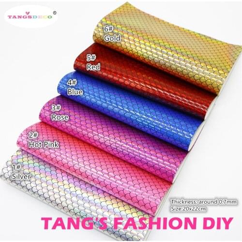 6pcs--20x22cm DIY Hair Bow Material Laser Color Shiny Fish Skin Shape PU Synthetic Faux Leathers
