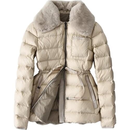 White duck jacket, women winter coat, rabbit fur collar, korean fashion, womens down jackets a28349 kj3680