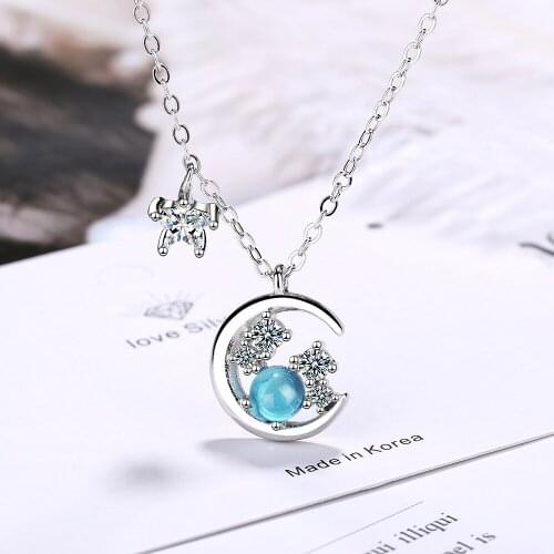 Solid Silver Color Jewelry Blue CZ Zirconia Star Moon Pendant Neckace for Women Gift 45cm Chain Choker Collares Kolye