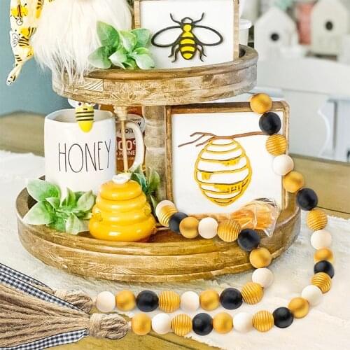 Bee Wood Beads Garland Tassel Honey Bee Patterns Garland Farmhouse Rustic Beads with Jute Rope Plaid Tassel Decorations