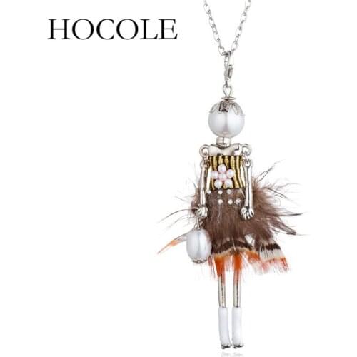 HOCOLE 2018 PARIS Handmade Feather Dress Doll Pendant Necklace Silver Color Chain necklace Fashion women girl necklace bag charm