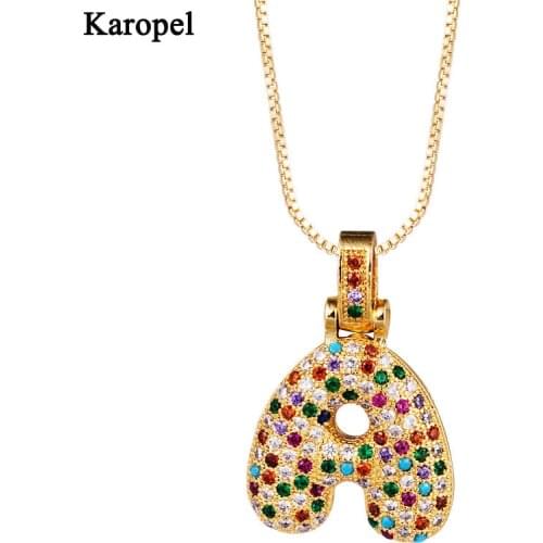 Karopel Fashion A-Z 26 Letters Name Pendant Iced Out Gold Color Collection Rainbow Color CZ Crystal Hip Hop Necklaces Jewelry
