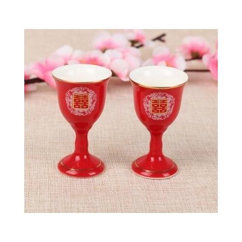Chinese traditional wedding marry red double celebration toast cup ceramic trumpet ceramic wine cup goblet wine glass gift