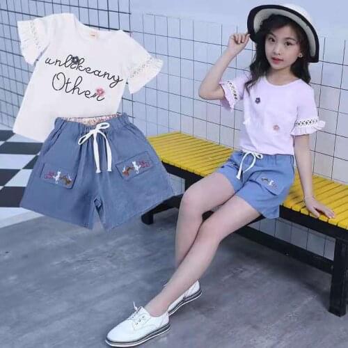Girls' suit 2021 new Girls Teenage summer clothes Children fashion Suit Girls' Summer Shorts+T-shirt girls' two piece set