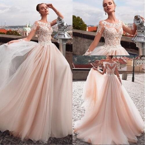 Scoop Neckline Illusion Bodice Tulle With Applique Lace Wedding Gowns robe de mariee Long Sleeve Wedding Dresses 2021
