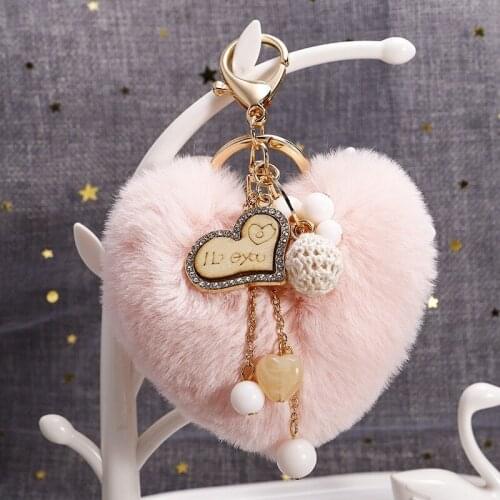 Cute Heart Pompom Keychain Charms Pearl Tassel Fluffy Flush Faux Rabbit Fur Key Chains for Women Girl Heart Bag Charms Pendant
