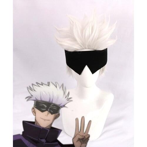 Anime Jujutsu Kaisen Gojo Satoru Short Hair Headwear Eye Patch Cosplay Wig + Free Wig Cap Synthetic Halloween Party Prop
