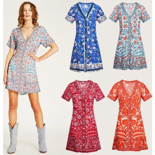 Sexy V-Neck Women Clothing Summer New Printed Retro 2021 Fashion Casual Short Mini Dress Female Clothes Chiffon Sexy