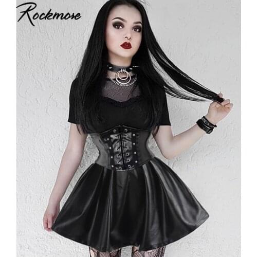 Rockmore Black Gothic Punk Style Above Knee Women Mini Skirts Criss Cross Bandage PU Leather High Waist Skirt Femme Streetwear