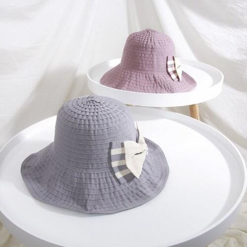 H7471 Fisherman Cap Female Sunshade Bowknot Cloth Bucket Hat Spring Summer Outdoor Beach Pure Color Anti-UV Foldable Casual Caps