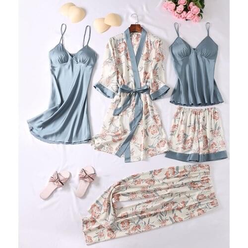 Print Flower Sleepwear 5PCS Pajamas Suit Women Intimate Lingerie Casual Pyjamas Nightwear Spring New Sleep Set Homewear