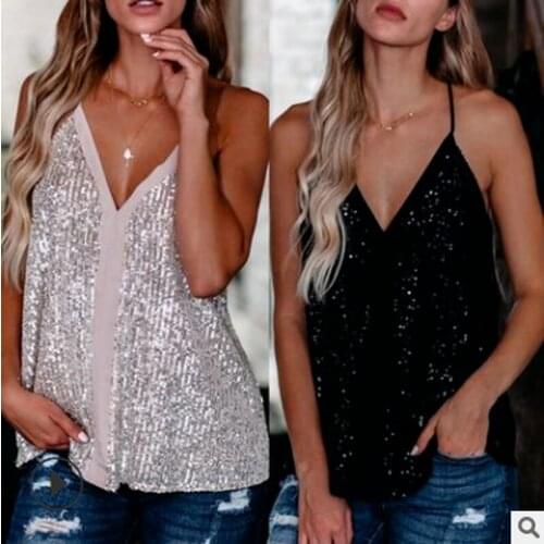 Style Sequined Sling Type V-neck Straight Vest Ladies Fashion Top WH252021 Summer New Womens Clothing European and American