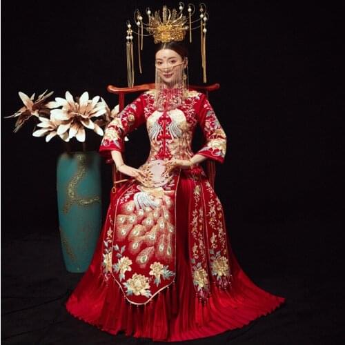 Vintage Bride Banquet Costume Couple Modern Chinese Wedding Dress Long Traditional Clothes China Qipao китайская одежда