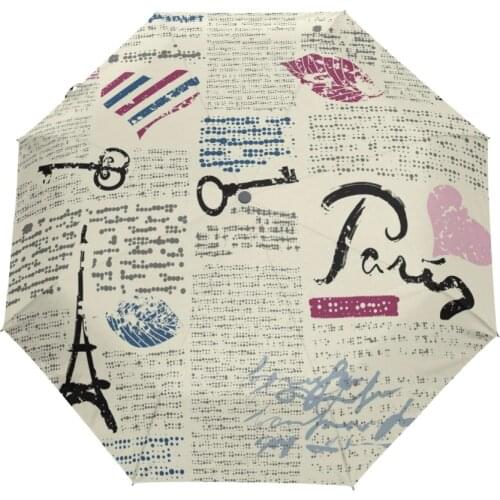 High Quality Fully Automatic Women Umbrella Fashion Newspaper Eiffel Tower Pattern Umbrellas Folding Rain Umbrella