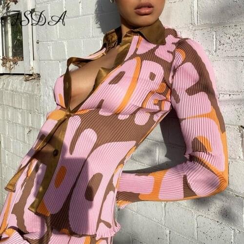 FSDA 2021 Women V Neck Long Sleeve T Shirt Floral Print Pleated Y2k 90s Autumn Elegant Fashion Casual Blue Sexy Top Shirts