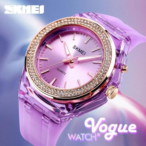 SKMEI 1553 Quartz Women Watches 5bar Waterproof LED Backlight Rhinestone Inlaid Dial Transparent Case Strap reloj mujer