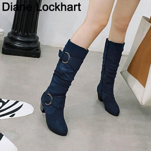 Large size 34-43 women knee high boots buckle with zip Retro womens motorcycle boots thick fur warm winter snow botas mujer 41