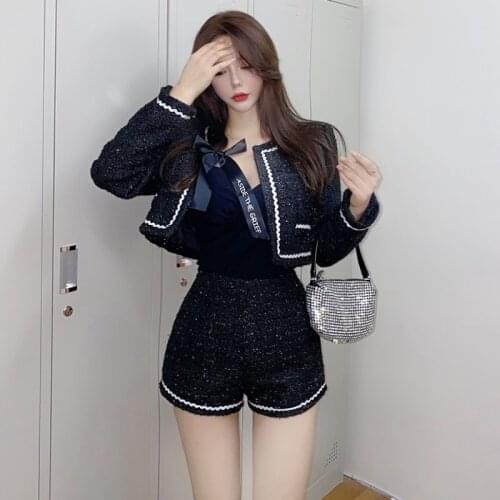Womens Spring And Autumn French Retro Suits Ladies Short Jacket + Shorts Two-Piece Sets Black