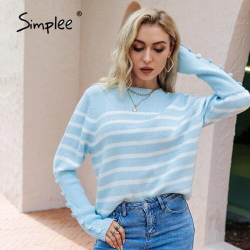 Simplee Office striped long sleeve women pullover autumn Casual juliet sleeve knitted sweater top Fashion button female jumper