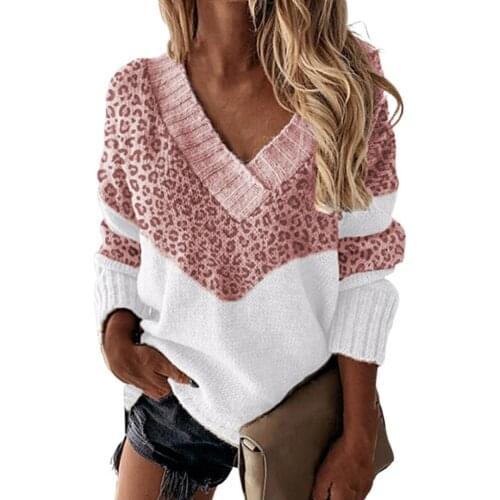 New Women Sweater Pullovers Color Block Leopard Pattern Autumn Winter Female Sexy V Neck Patchwork Knitted Sweater Top Pullovers