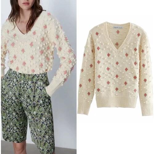 Za Sweaters For Women Fashion Flower Ball-Shaped Ornament Vintage Sweater Female V-neck Long-Sleeved Elegant Ladies Sweater