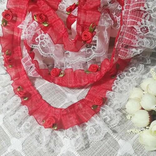 1Yards Latest Lace Fabric Rose Flower Ribbon 4.8cm High Quality Lace Fabric Collar Guipure Sewing Red Laces Trims Crafts RG18