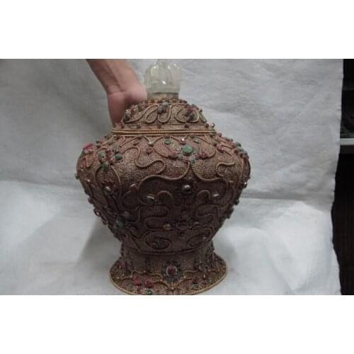 12 Tibet Copper Silver inlay Ruby beryl gemstone earthen jar Pot Crock Jar Vase