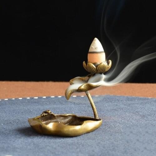 Antique Solid Copper Frog Lotus Brass Lotus Leaf Reflux Incense Burner Decoration Pool Incense Burner Stand Ornaments Tea Pet