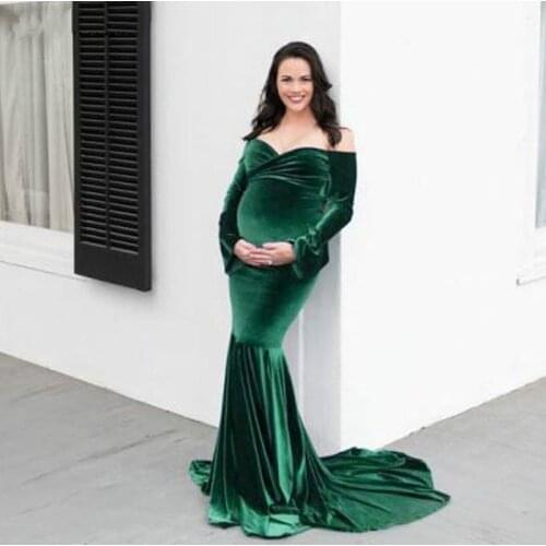 Velvet Maternity Dresses for Photo Shoot Elegant Long Sleeve Off Shoulder Maxi Mermaid Pregnancy Dress Baby Shower Photography