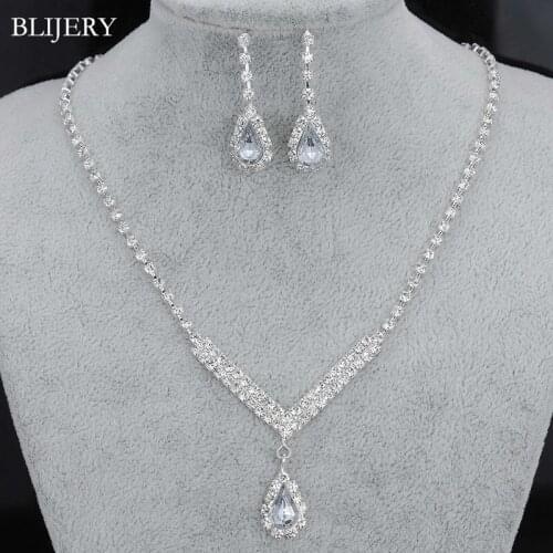 BLIJERY Fashion Women Wedding Jewelry Sets Silver Color Rhinestone Crystal Drop Choker Necklace Earrings Bridal Jewelry Sets