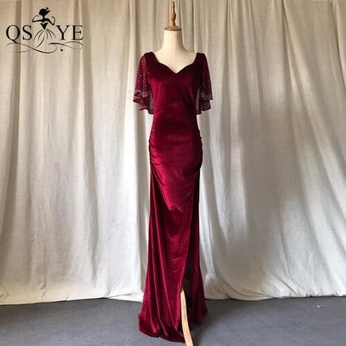 QSYYE Exquisite Dark Red Velvet Evening Dress Elegant Floor Length Long Party Dress V Neck Open Back Woman Formal Dress Sequined