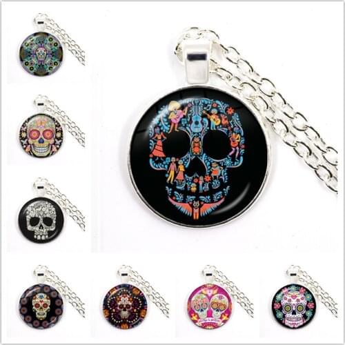 Classic Mexican Sugar Skull Necklace Glass Crystal Skeleton Pendant Chain Necklaces For Women Men Aesthetics Jewelry