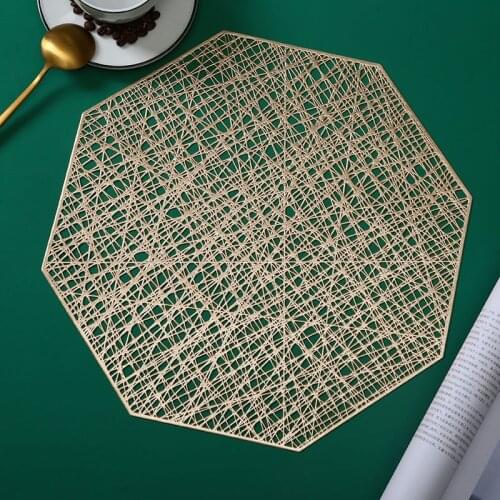 4Pieces of PVC Placemat Hollow Can Be Hung Mat Octagonal Hollow Non-slip Table Mat Coaster Home Table Decoration Golden Placemat
